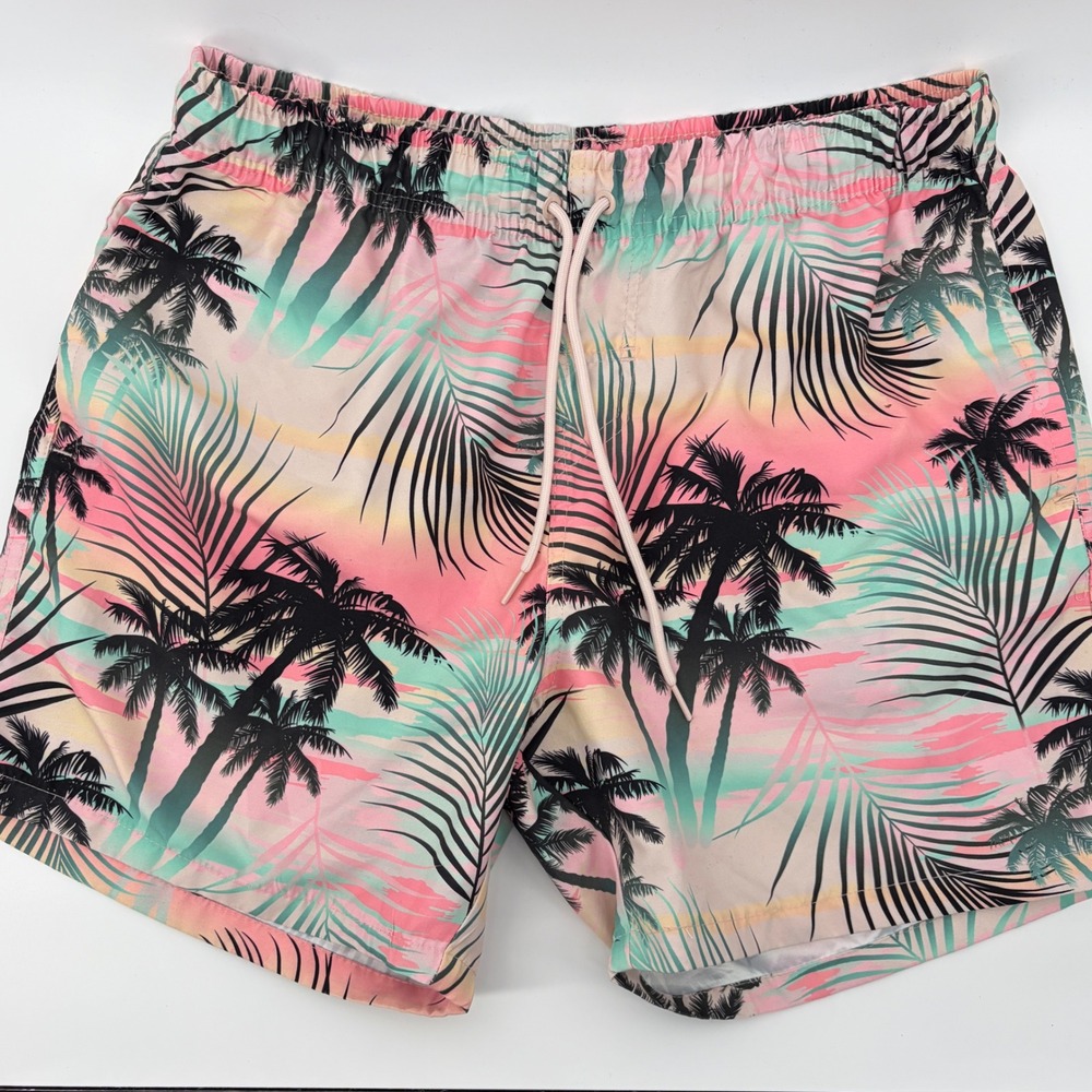 Ring of Fire Swim Shorts Mens XL Pink Teal Palm Tree Sunset Tropical Trunks